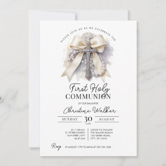 Beige Bow First Holy Communion Invitation