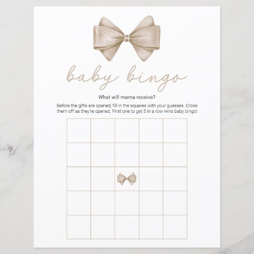 Beige Bow Modern Baby Shower Bingo Game