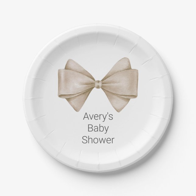 Beige Bow Modern Boho Baby Shower Paper Plates (Front)