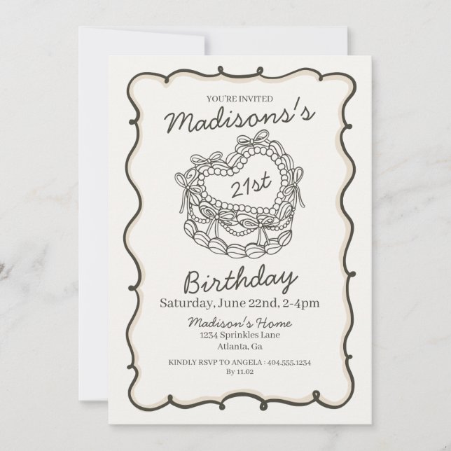 Beige Bow Retro Heart Coquette Cake 21st Birthday Invitation (Front)