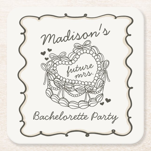 Beige Bow Retro Heart Coquette Cake Bachelorette Square Paper Coaster (Front)