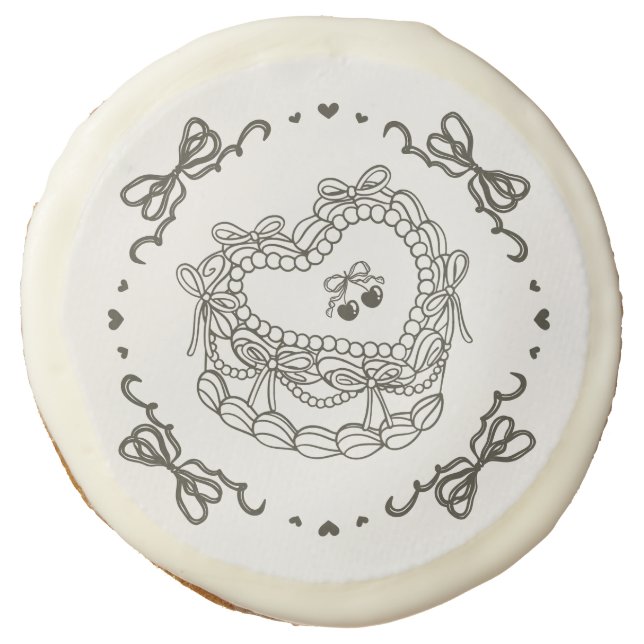 Beige Bow Retro Heart Coquette Cake Bachelorette Sugar Cookie (Front)