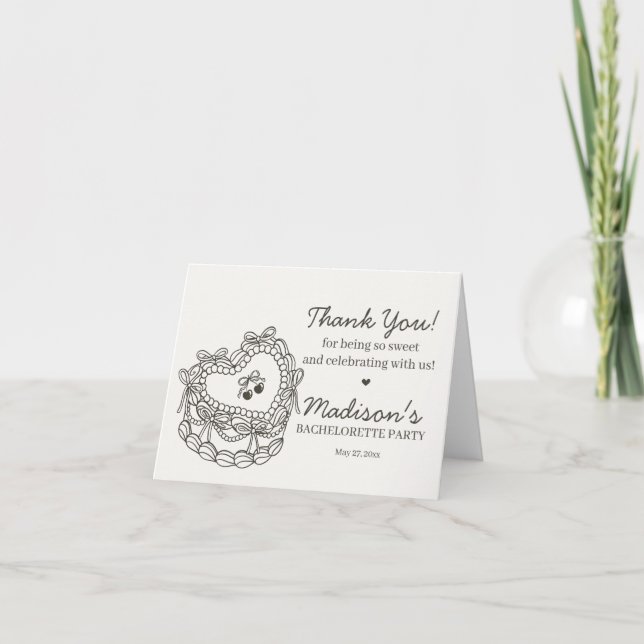 Beige Bow Retro Heart Coquette Cake Bachelorette Thank You Card (Front)