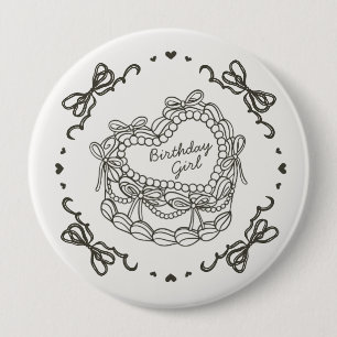 Beige Bow Retro Heart Coquette Cake Birthday Girl Button