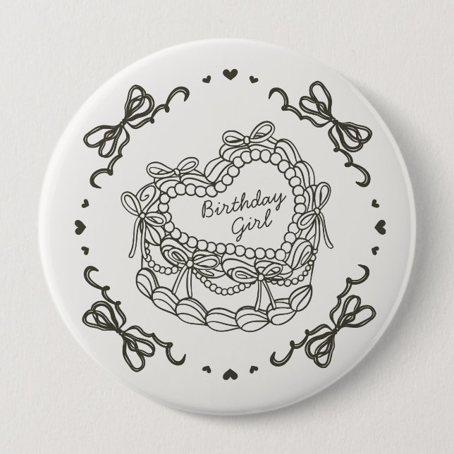 Beige Bow Retro Heart Coquette Cake Birthday Girl Button (Front)