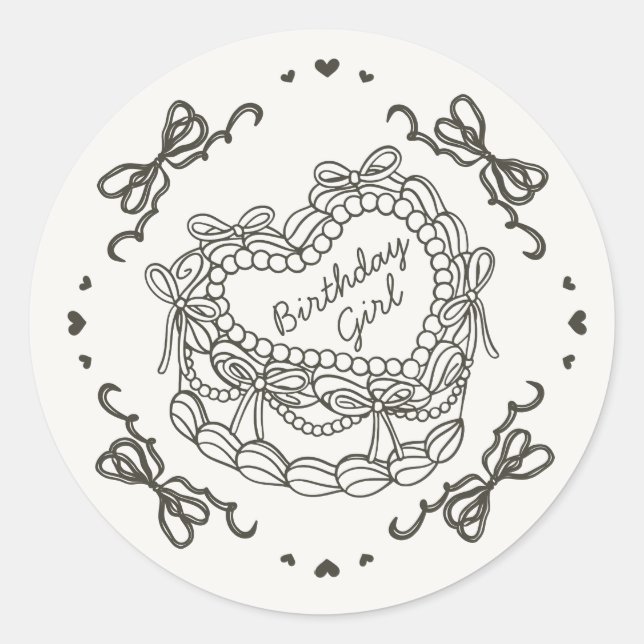 Beige Bow Retro Heart Coquette Cake Birthday Girl Classic Round Sticker (Front)