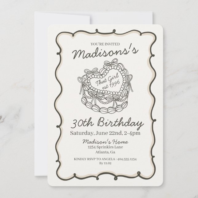 Beige Bow Retro Heart Coquette Cake Birthday Invitation (Front)