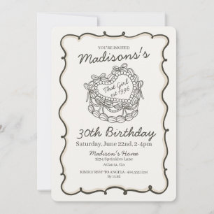 Beige Bow Retro Heart Coquette Cake Birthday Invitation