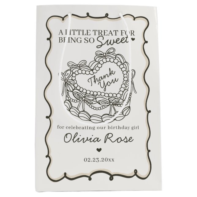 Beige Bow Retro Heart Coquette Cake Birthday Medium Gift Bag (Front)