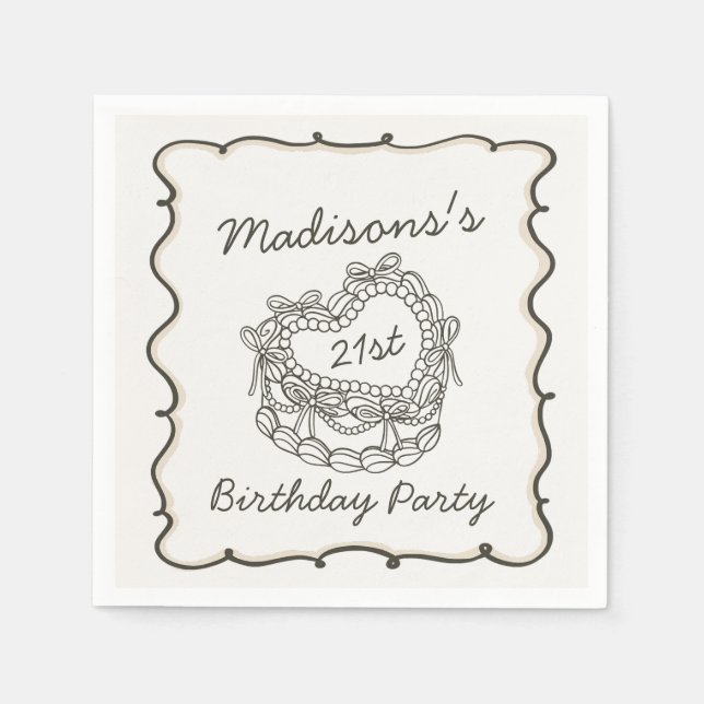 Beige Bow Retro Heart Coquette Cake Birthday Napkins (Front)