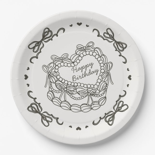 Beige Bow Retro Heart Coquette Cake Birthday Paper Plates (Front)