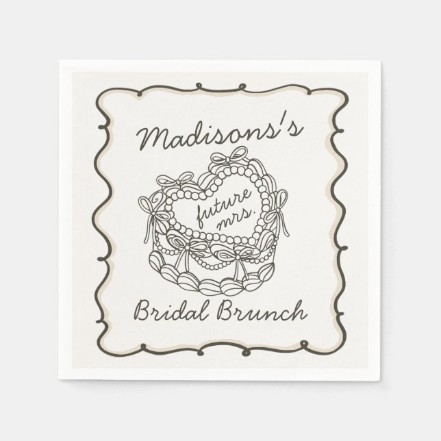 Beige Bow Retro Heart Coquette Cake Bridal Brunch Napkins (Front)