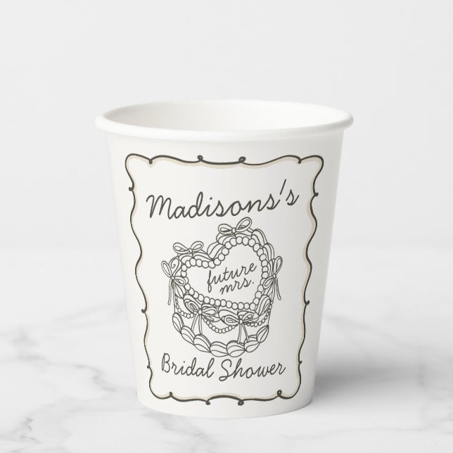 Beige Bow Retro Heart Coquette Cake Bridal Shower Paper Cups (Front)