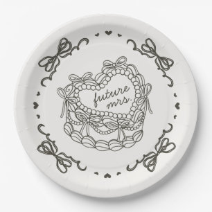 Beige Bow Retro Heart Coquette Cake Bridal Shower Paper Plates