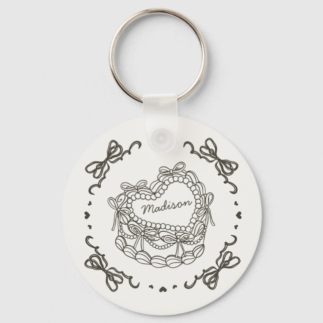 Beige Bow Retro Heart Coquette Cake Favors Keychain (Front)