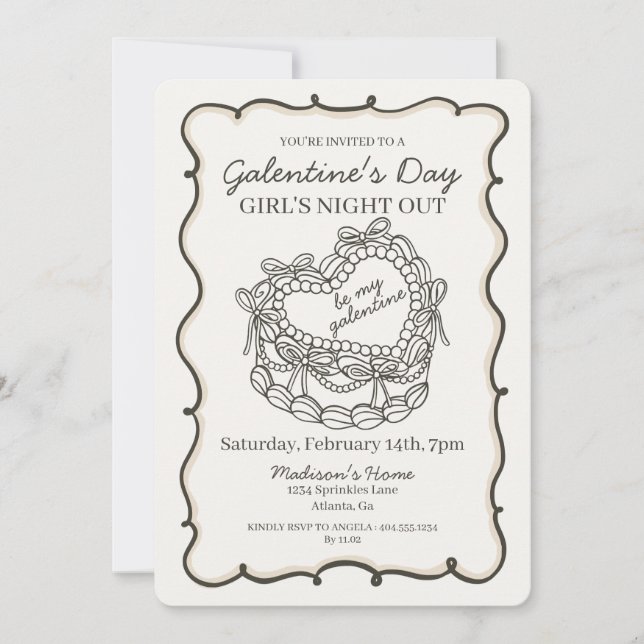 Beige Bow Retro Heart Coquette Cake Galentine Invitation (Front)