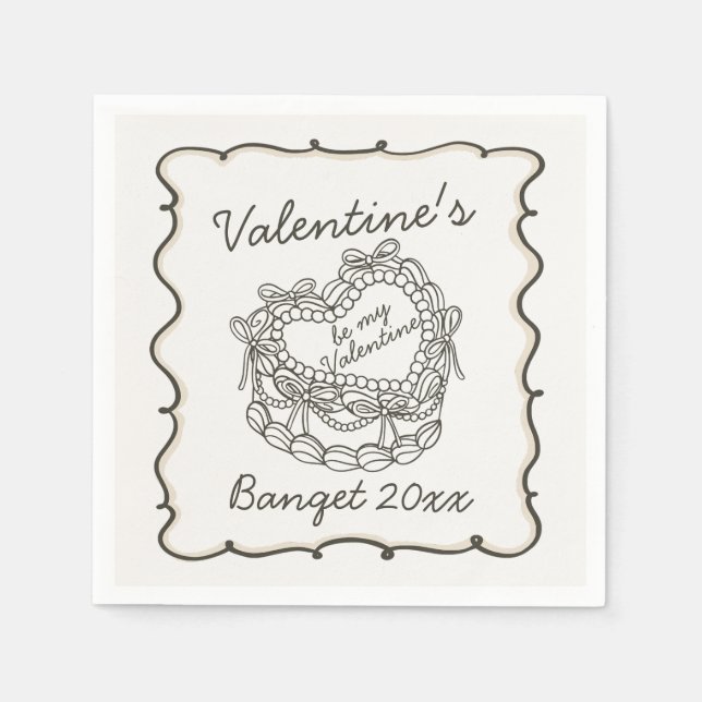 Beige Bow Retro Heart Coquette Cake Valentines Napkins (Front)