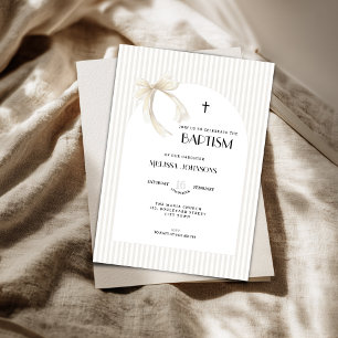 Beige Bow Striped Boys Girls - Baptism Invitation