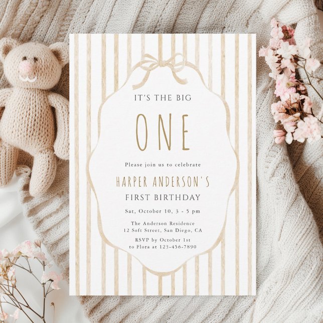 Beige Bow & Stripes First Birthday Party Invitation (Creator Uploaded)