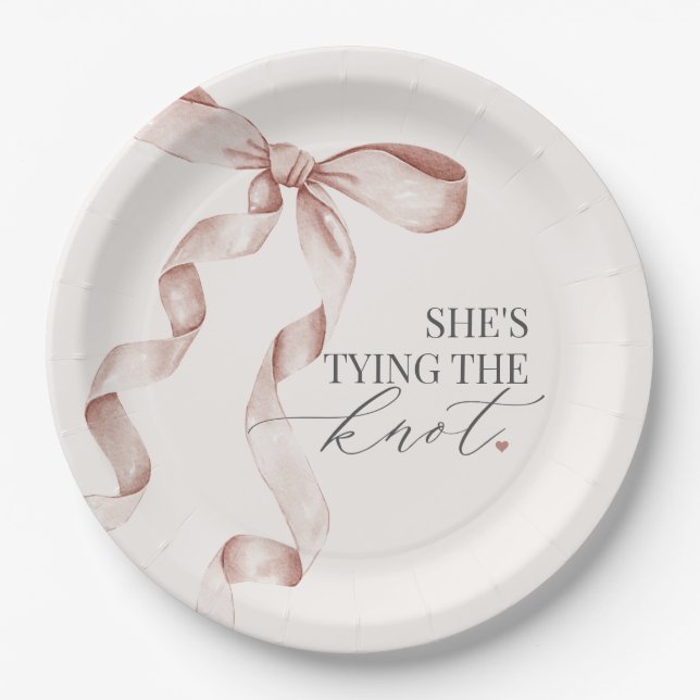 Beige Bow Tying the Knot Bridal Shower Decor Paper Plates (Front)