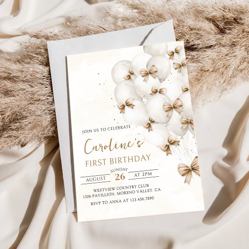 Beige Bows Balloons Birthday Invitation