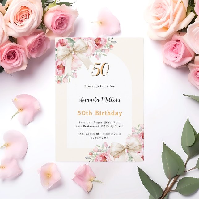 Beige bows pink florals arch birthday invitation (Creator Uploaded)