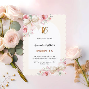Beige bows pink florals arch scalloped Sweet 16 Invitation