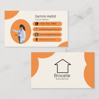 Beige Bright Orange English Teacher Business Card