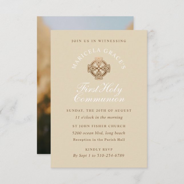 Beige Bronze First Communion Invitation (Front/Back)