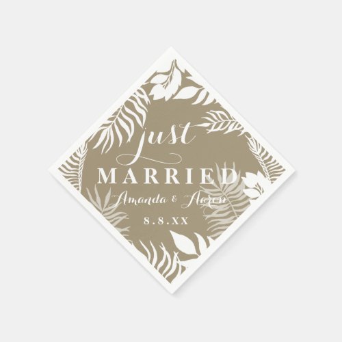 Beige Bronze Palm Leaf White Floral Just Married Napkins