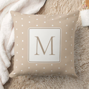 Beige Brown and White Polka Dot Monogram Throw Pillow