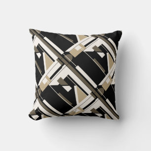 Beige Brown Black White Diagonal Geometric Design Throw Pillow
