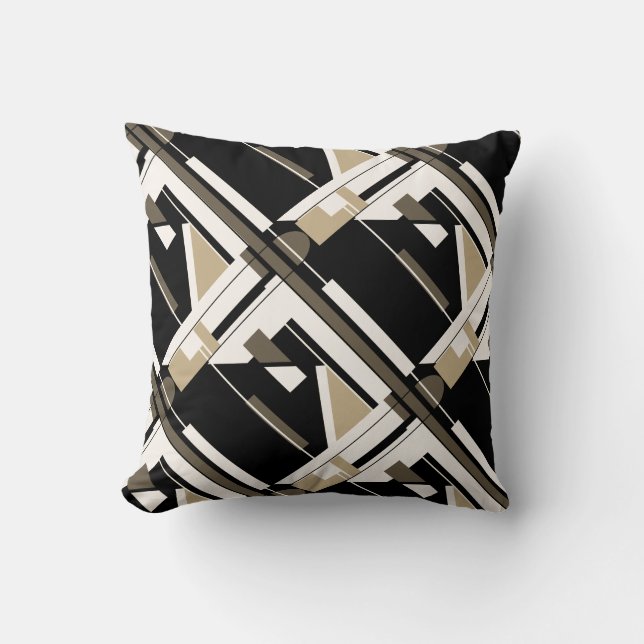Beige Brown Black White Diagonal Geometric Design Throw Pillow (Front)