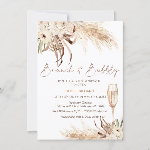Beige Brown Boho Brunch Bubbly Bridal Shower Invitation