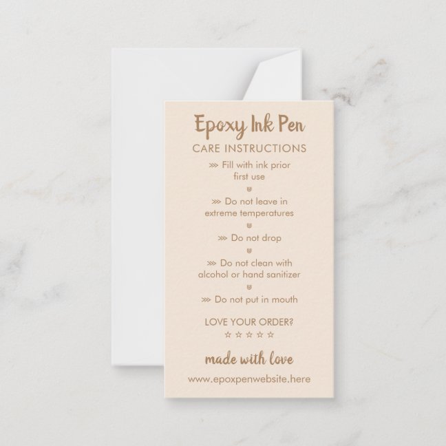 Beige brown Care Instructions for Epoxy Pen Note Card