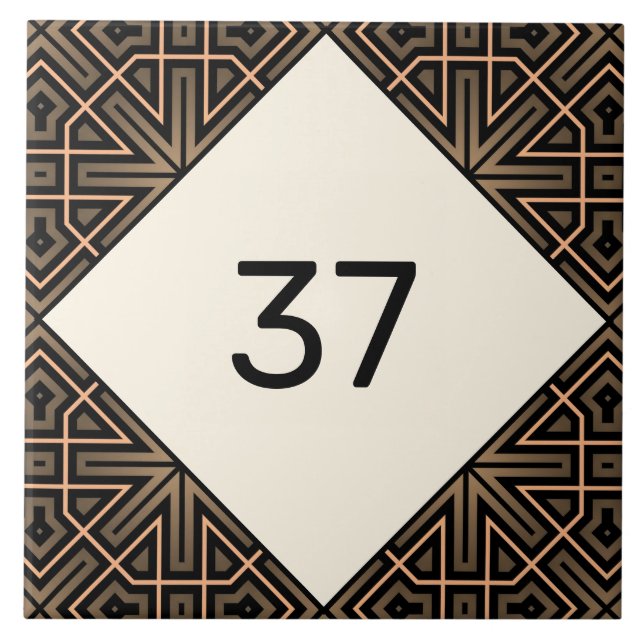  Beige & Brown Chic Fancy Deco House Number Plaque Ceramic Tile (Front)