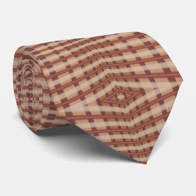 Beige Brown Crimson Plaid Crisscross Pattern Neck Tie (Rolled)