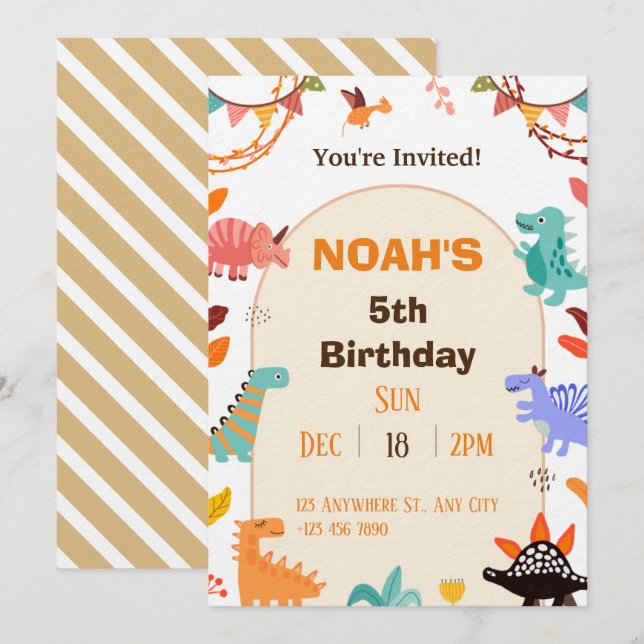 Beige Brown Cute Dinosaur Birthday Invitation card (Front/Back)