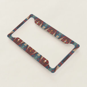 Beige Brown Dark Red Teal Blue Tribal Art Pattern License Plate Frame