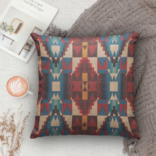 Beige Brown Dark Red Teal Blue Tribal Art Pattern Throw Pillow