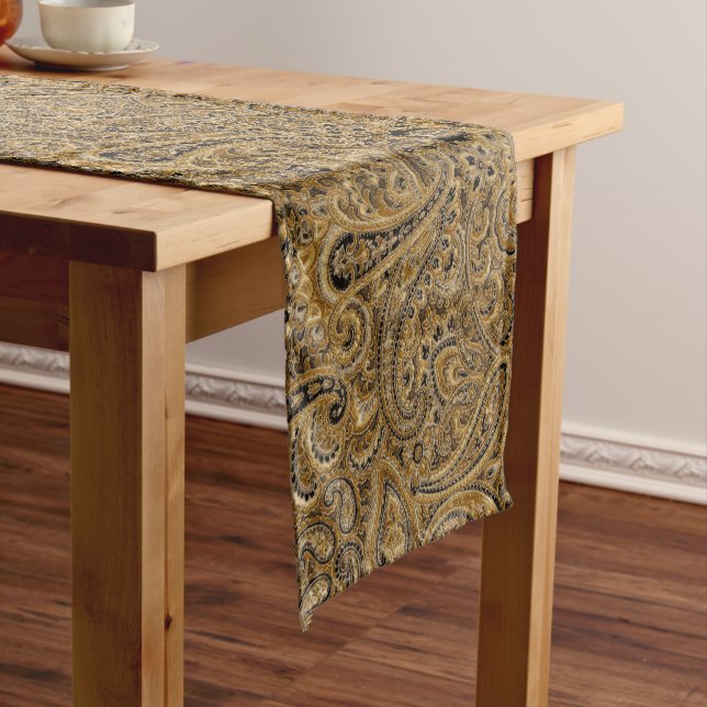 Beige & Brown Floral Paisley Pattern Short Table Runner (In Situ)