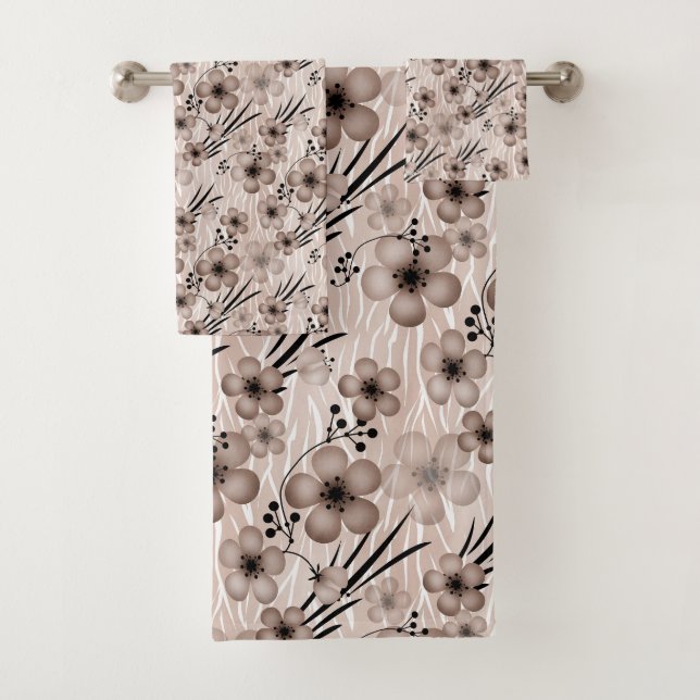 Beige brown flowers pattern on tiger background re bath towel set (Insitu)