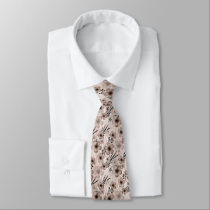 Beige brown flowers pattern on tiger background re neck tie