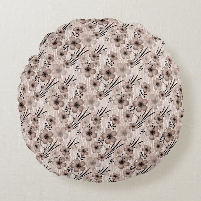 Beige brown flowers pattern on tiger background re round pillow (Front)