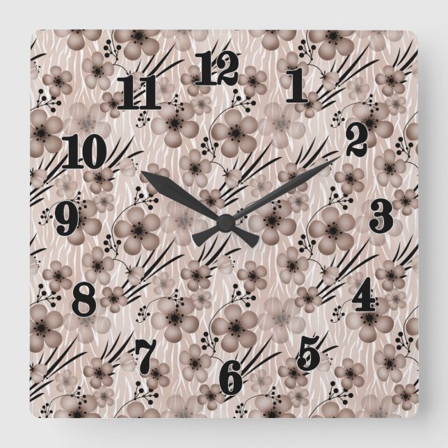Beige brown flowers pattern on tiger background re square wall clock (Front)