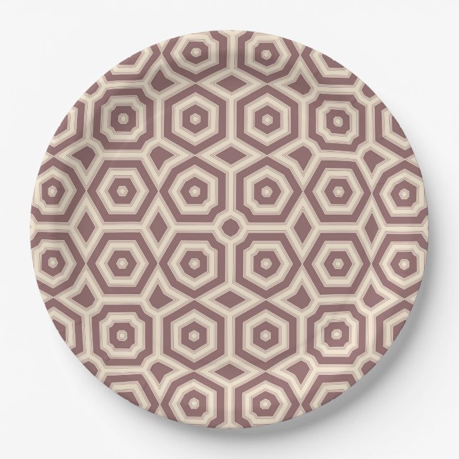 beige brown geometric pattern art deco paper plates (Front)