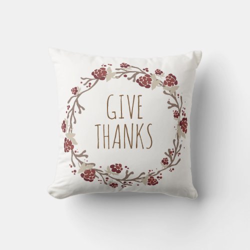 Beige Brown Give Thanks_Thanksgiving Wreath Throw Pillow