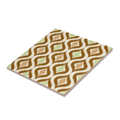 Beige Brown Green Retro Chic Ikat Drops Pattern Ceramic Tile