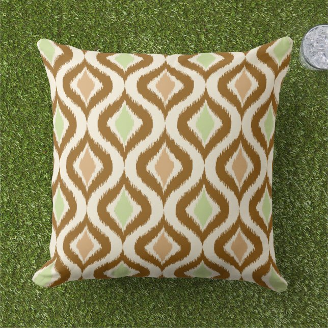Beige Brown Green Retro Chic Ikat Drops Pattern Outdoor Pillow (Grass)