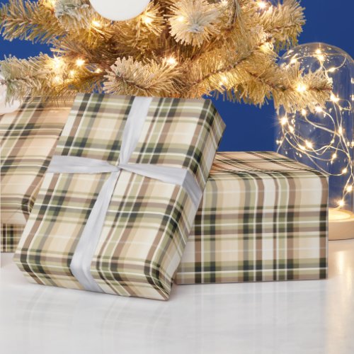 Beige Brown Green Tartan Plaid Gift for Him Wrapping Paper
